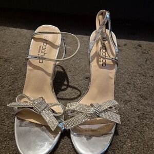 Boohoo Shiny Silver Strappy Heels with Sparkling Bow